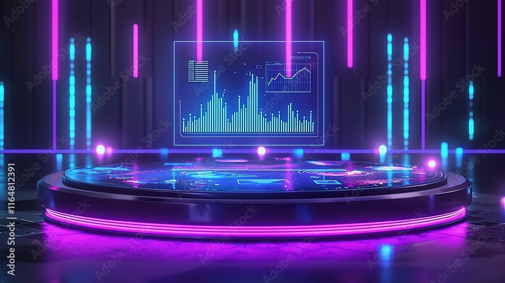 Poster Futuristic data display on a circular platform with neon lights.