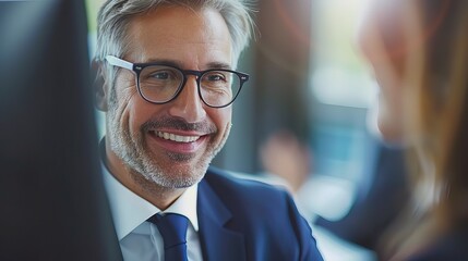 Fototapeta premium Business professional smiling during a cordial negotiation, exuding confidence and approachability in a sleek office setting.