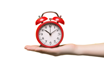 High-Quality PNG red alarm clock on hand on white background