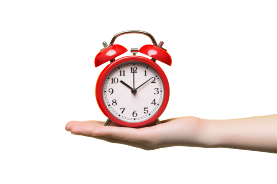 High-Quality PNG red alarm clock on hand on white background