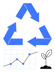 Blue recycling arrows, upward graph with data points, and a sprouting seedling. Ideal for sustainability, ecology, growth, eco-business, recycling, environmental conservation abstract line flat