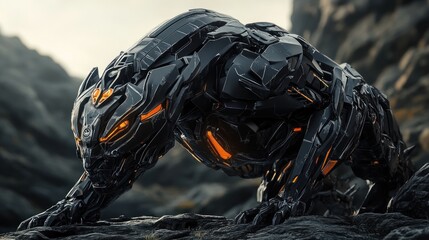 Robotic panther crouching on rocks, glowing orange eyes.