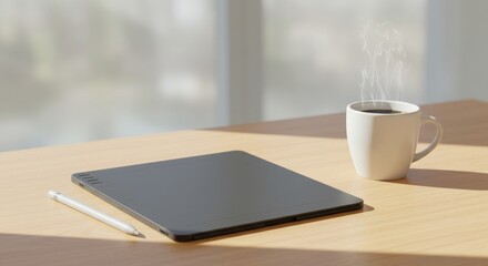 Digital creativity: tablet and stylus with fresh coffee on wooden desk in sunlit workspace