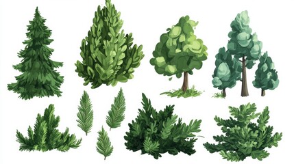 Futuristic Evergreen Foliage Collection in Dynamic Cartoon Style with Banner Space on White Background