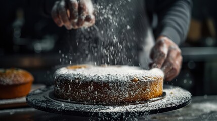 baker dusting powdered sugar over a fresh cake