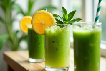 Bright green juices garnished with tropical fruits and herbs