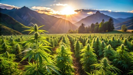 Fototapeta premium Golden Hour in a Hemp Field, Rows of Plants Basking in the Setting Sun's Rays