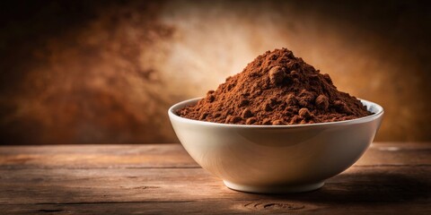 A bowl of rich, dark cocoa powder sits on a rustic wooden surface against a blurred brown background.