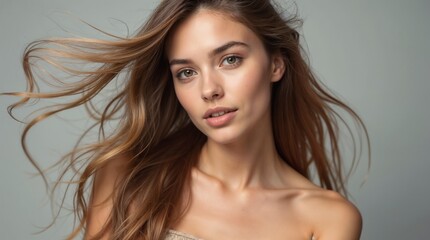 Fototapeta premium Elegant portrait of a young woman with wind-blown hair, set against a neutral clean background, showcasing natural beauty and grace. Her expression conveys confidence and serenity.