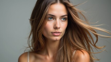 Naklejka premium Elegant portrait of a young woman with wind-blown hair, set against a neutral clean background, showcasing natural beauty and grace. Her expression conveys confidence and serenity.