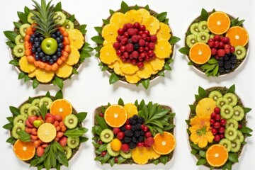 Tropical fruit platters arranged in geometric patterns