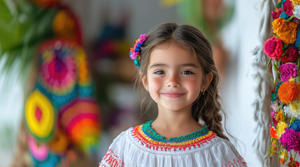 Fototapeta premium Cute little mexican or spanish girl in elegant white red and green dress smiling on white background