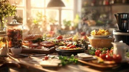 Deliciously prepared feast cozy kitchen food photography warm atmosphere overhead view culinary experience