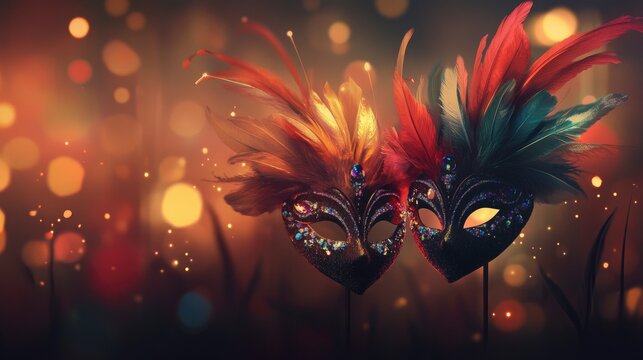 two vibrant carnival masks, intricately designed with feathers, sequins, and jewels. The masks should be the focal point, set against a blurred background of warm carnival lights and colors. 