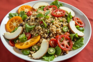 Artistic arrangement of quinoa salads with bright vegetables