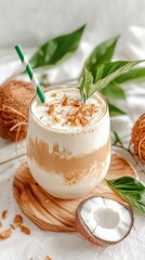 A creamy Vietnamese coconut coffee served in a glass with toasted coconut flakes, surrounded by fresh coconuts and tropical leaves.