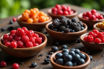 Exotic superfood berries displayed in small ceramic dishes