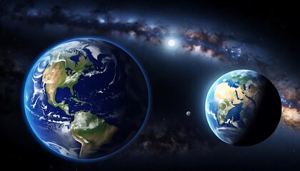 Fototapeta premium Two Earth Planets Orbiting in Space Near Milky Way Galaxy