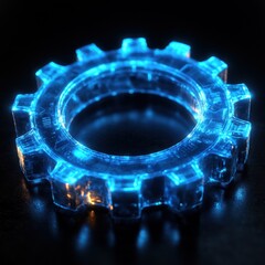 Glowing blue gear, digital technology concept.