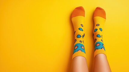 Bright yellow socks with playful patterns are showcased against a vibrant background, highlighting a fun and casual style.