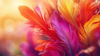 wallpaper featuring a close-up of bright tropical flowers intertwined with vibrant carnival feathers in reds, pinks, and oranges.