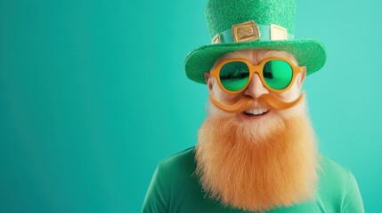 A cheerful man dressed as a leprechaun with a green hat, sunglasses, and a big smile