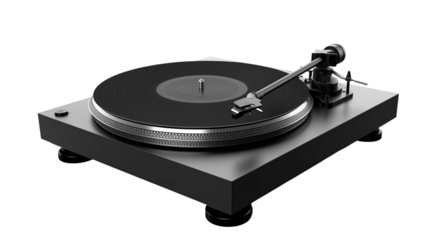 3D render of a modern black turntable, isolated on transparent background