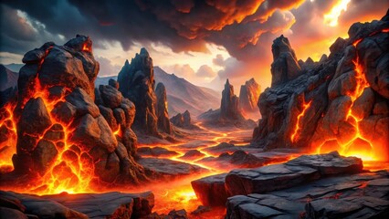 Fiery Volcanic Landscape Molten Rivers Flowing Through Rugged, Dark Rock Formations Under a Dramatic Sunset Sky