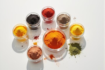 A selection of colorful superfood powders in small glass jars on a clean surface