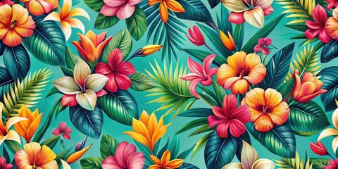 Vibrant Tropical Floral Pattern Featuring Hibiscus, Lilies, and Lush Greenery on a Teal Background
