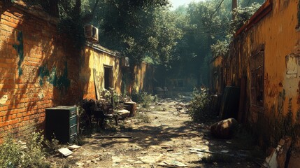 Sunlit alleyway in an abandoned, overgrown urban setting.  Decaying brick buildings, scattered debris, and encroaching vegetation create a post-apocalyptic atmosphere.