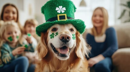 A cheerful dog wearing a festive green leprechaun hat with shamrock face stickers, surrounded by a happy family celebrating Saint Patrick's Day.