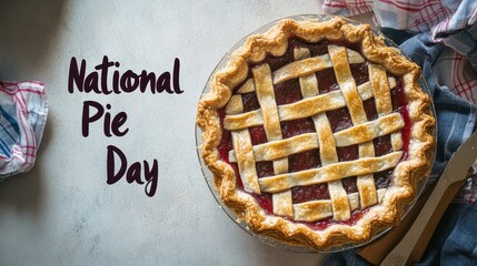 A delicious pie sits on a countertop, celebrating National Pie Day with a woven crust and a festive atmosphere.
