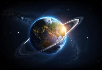 Fototapeta premium Earthlike Planet With Rings In Space Orbiting