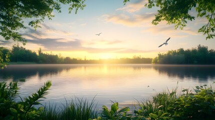 Obraz premium Tranquil Lakeside at Dawn