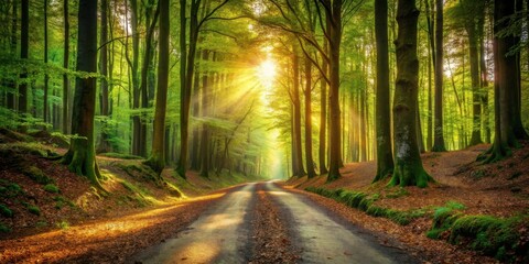 Fototapeta premium Sunlit Path Through a Lush Green Forest with Mossy Trees and Fallen Leaves