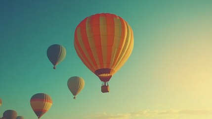Fototapeta premium Colorful hot air balloons soaring in a vibrant sunset sky.