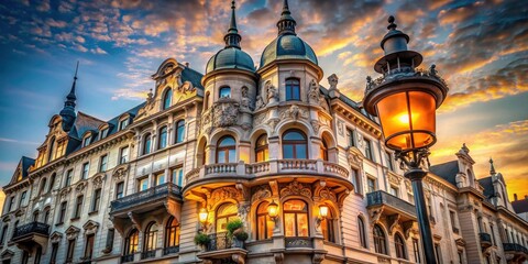 Fototapeta premium Elegant Old-World Building at Sunset with Ornate Details and a Glowing Streetlamp