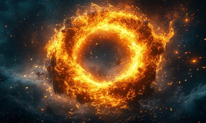 Fototapeta premium Flaming ring in the dark, star-speckled space.