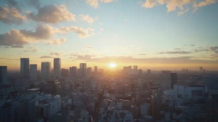 Fototapeta premium Stunning sunset over a bustling city skyline with vibrant colors.