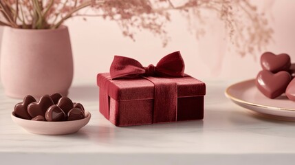Valentine's Day scene featuring a beautifully wrapped gift box, with a bow in soft red velvet.