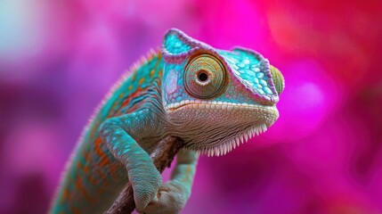 Vibrant chameleon on branch, close-up.