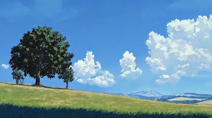 Obraz premium Lush landscape with vibrant green trees under a clear blue sky.