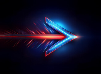 A vibrant neon arrow, blue and red, streaks across a dark background, leaving a glowing trail.  Its sharp, angular design conveys speed and direction.