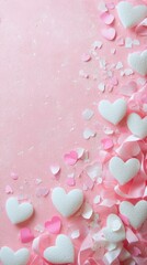 Fototapeta premium Pink and white hearts with confetti and ribbons on a textured background