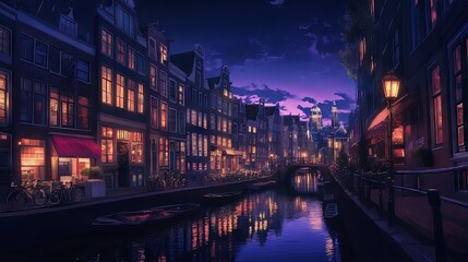 A serene evening in a picturesque canal, illuminated by cozy lights.
