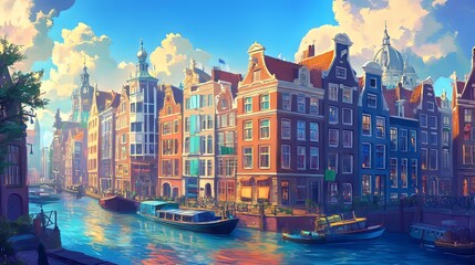 Fototapeta premium Vibrant canal scene with colorful buildings in a picturesque setting.