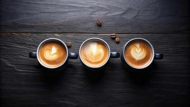Three cups of aromatic caffeinated beverage with latte art displayed on a dark wooden surface