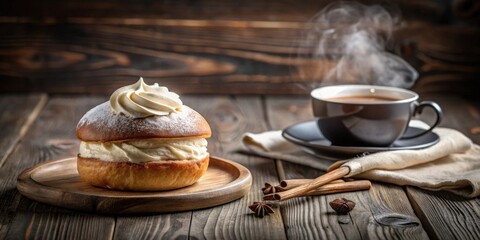 Fototapeta premium Sweet Pastry with Whipped Cream and a Cup of Warm Beverage on Rustic Wooden Table