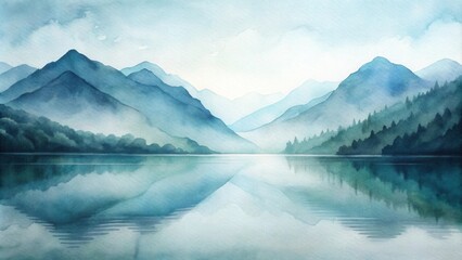 Fototapeta premium Serene Watercolor Landscape of Misty Mountains Reflecting in a Calm Lake
